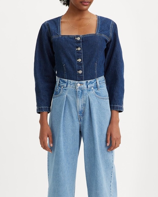 Imagen 0 de Blusa de mujer vaquera de manga larga y escote cuadrado