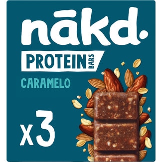 barritas proteicas de fruta frutos secos y caramelo 3 unidades envase 135 g - Nakd Protein