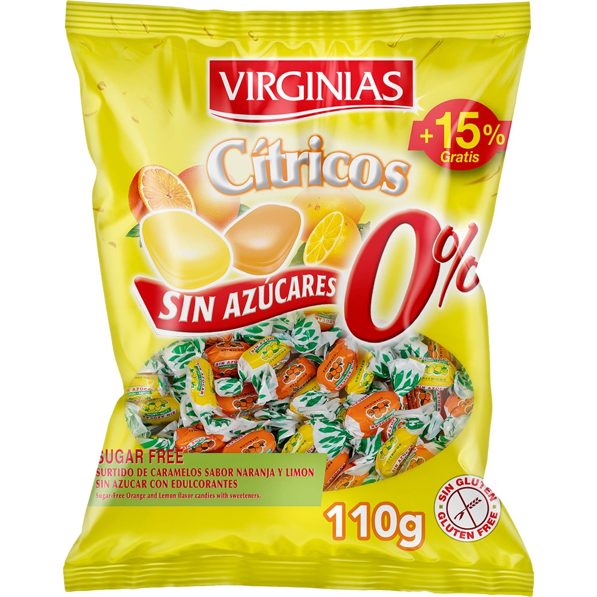 Cítricos 0% caramelos sabor naranja y limón sin azúcares y sin gluten bolsa 110 g
