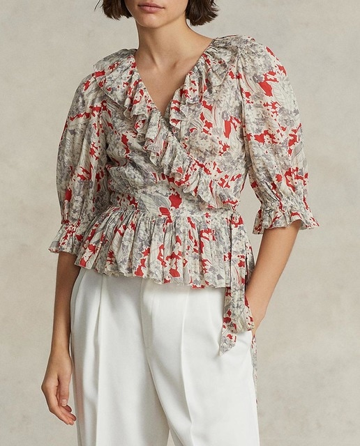 Imagen 0 de Camisa de mujer de algodón cruzada con volantes