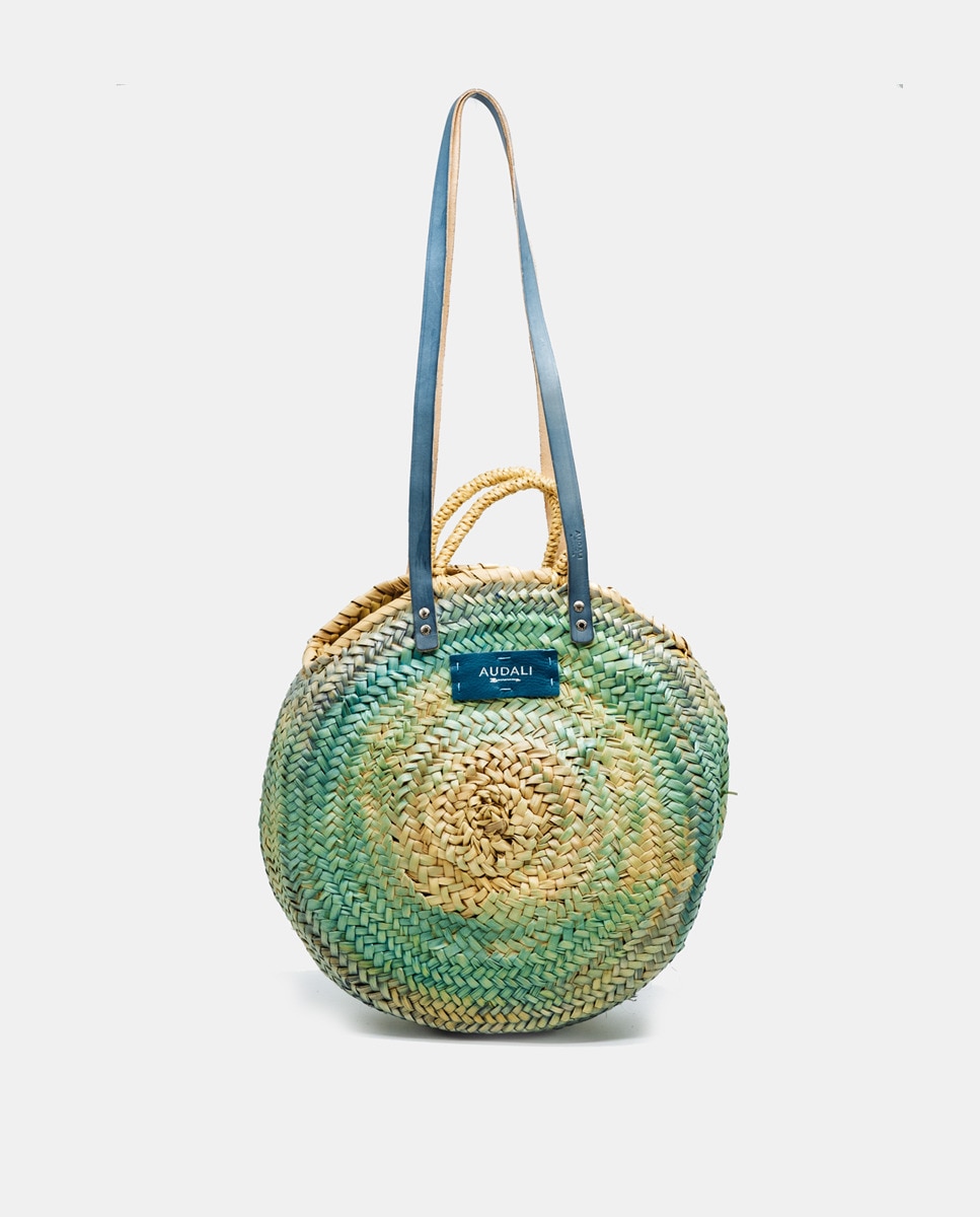 Cesta Meia-Lua de Fibra Natural com Letras em Pele Turquesa-1