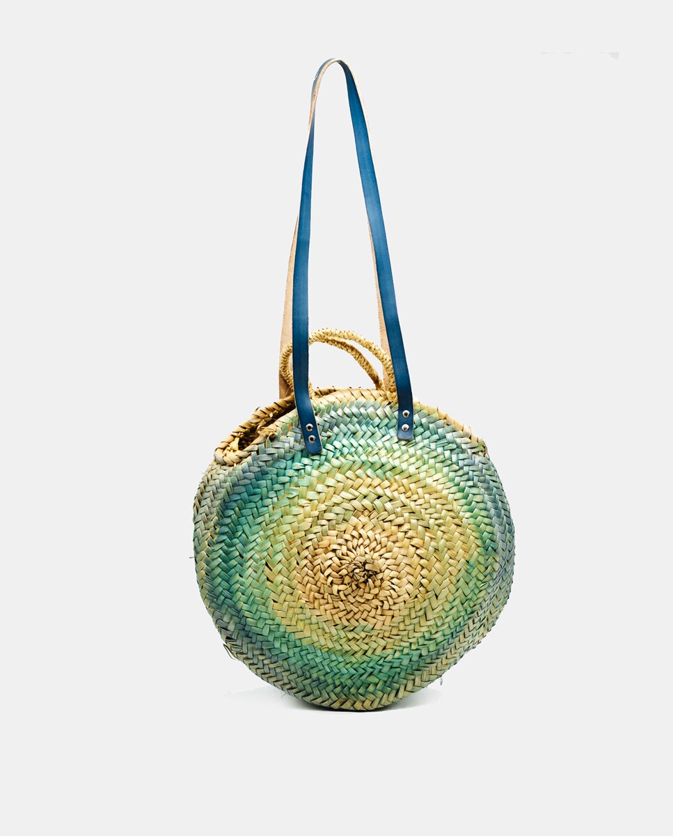 Cesta Meia-Lua de Fibra Natural com Letras em Pele Turquesa-2
