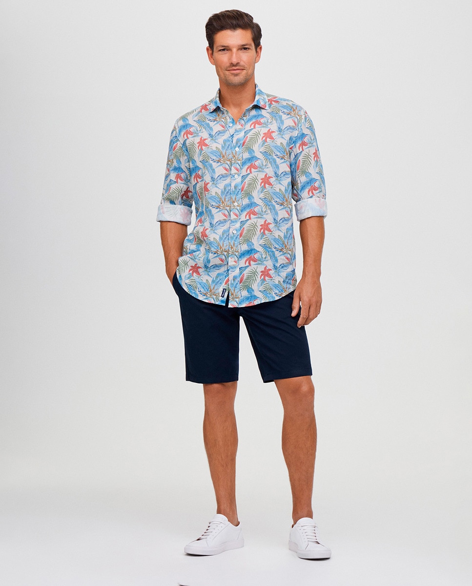 Camisa Classic Fit com Estampado Tropical e em Linho Multicolor-8
