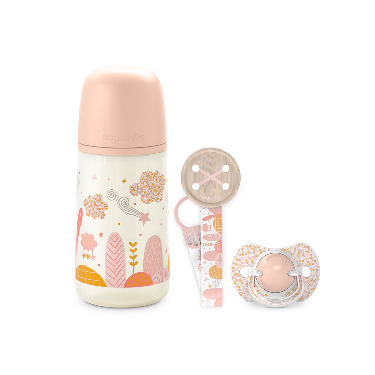 Set Biberón, Chupete y Broche Suavinex Dreams Rosa palo-1