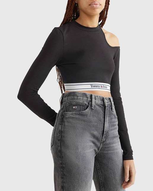 Imagen 0 de Top de mujer de manga larga tipo crop con goma elástica en la parte inferior