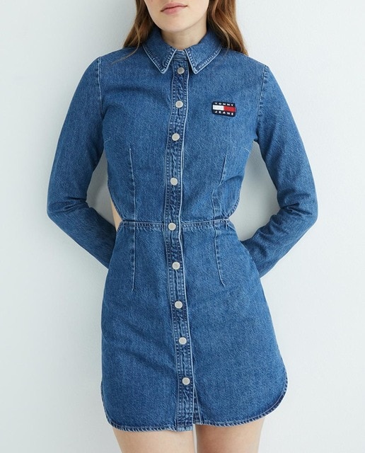 Imagen 0 de Vestido vaquero corto de manga larga y cintura ajustada