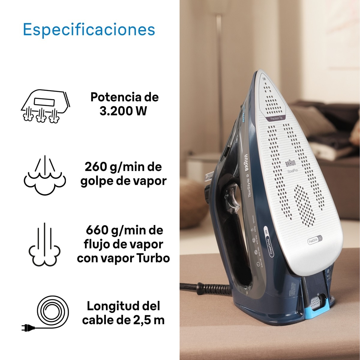 Plancha de vapor Braun TexStyle 9 SI9682DB con golpe de vapor extra potente y sistema recolector de cal Azul oscuro-3