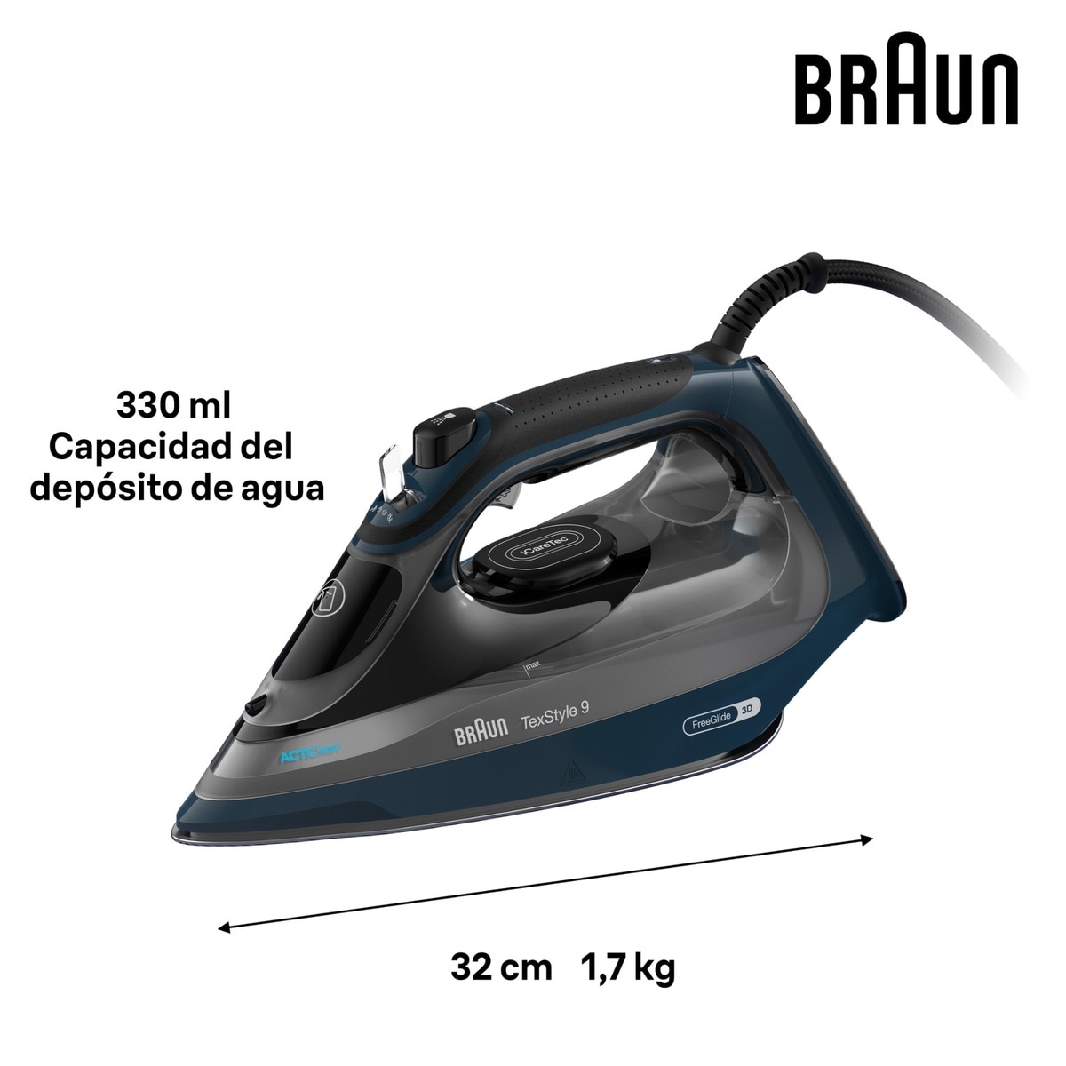 Plancha de vapor Braun TexStyle 9 SI9682DB con golpe de vapor extra potente y sistema recolector de cal Azul oscuro-8