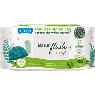 toallitas húmedas infantiles biodegradable Natur Flush con aloe vera paquete 60 unidades - Brevia