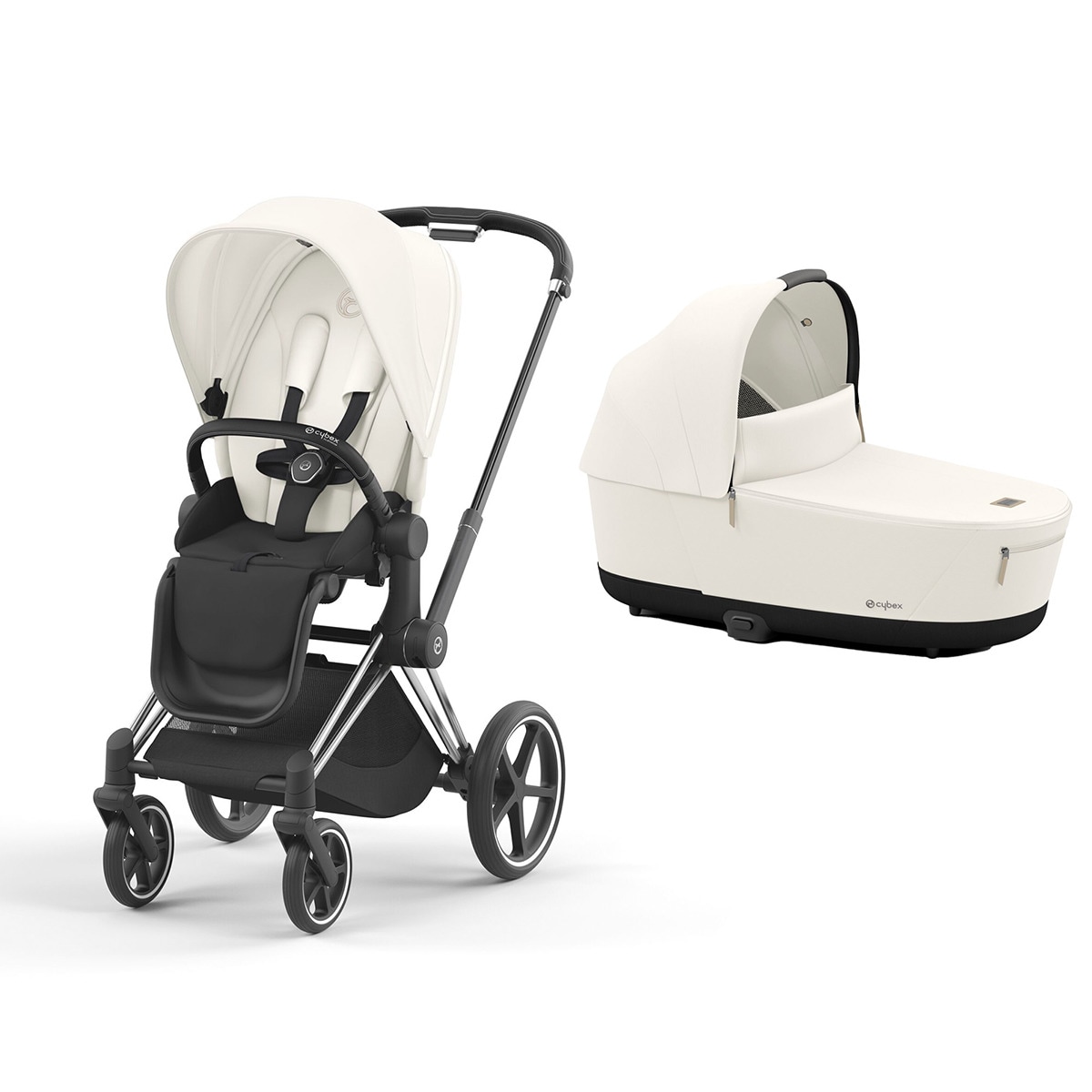 Carro de bebé dúo Cybex PRIAM con Chasis Chrome Black, Seat Pack y Capazo Lux en Off White. Blanco-1