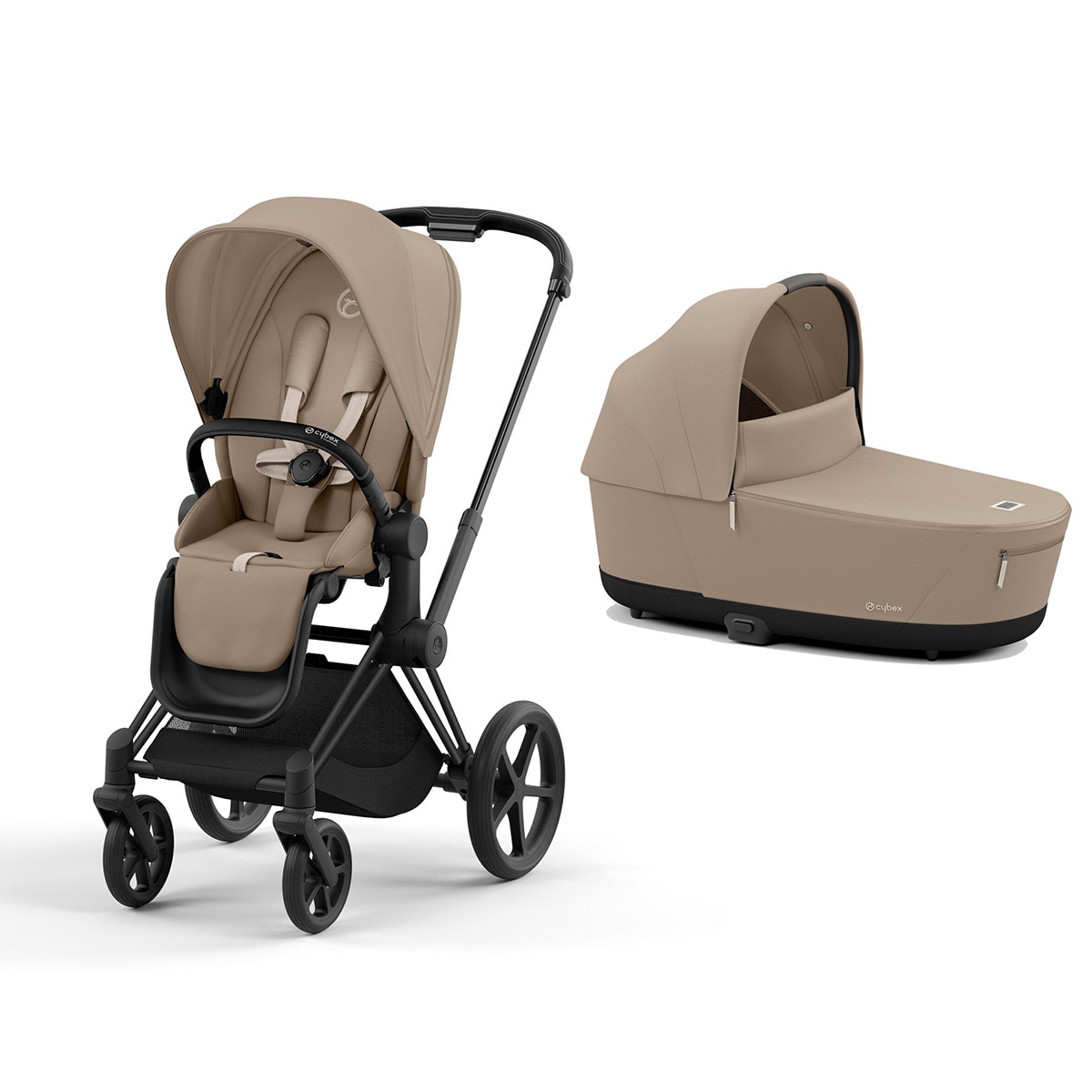 Carro de bebé dúo Cybex PRIAM con Chasis Matt Black, Seat Pack y Capazo Lux en Cozy Beige. Beige-1