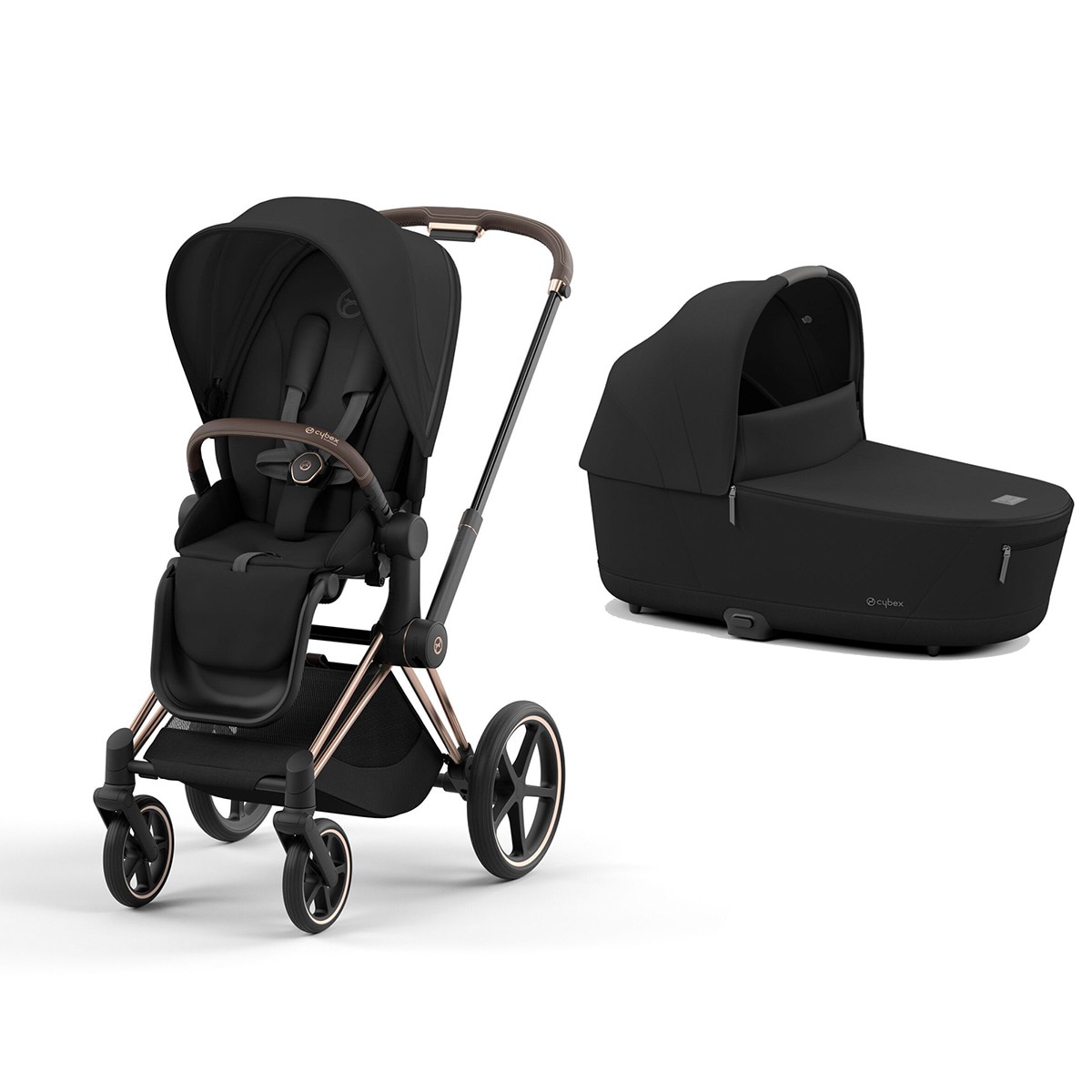 Carro de bebé dúo Cybex PRIAM con Chasis Rosegold, Seat Pack y Capazo Lux en Sepia Black. Negro-1