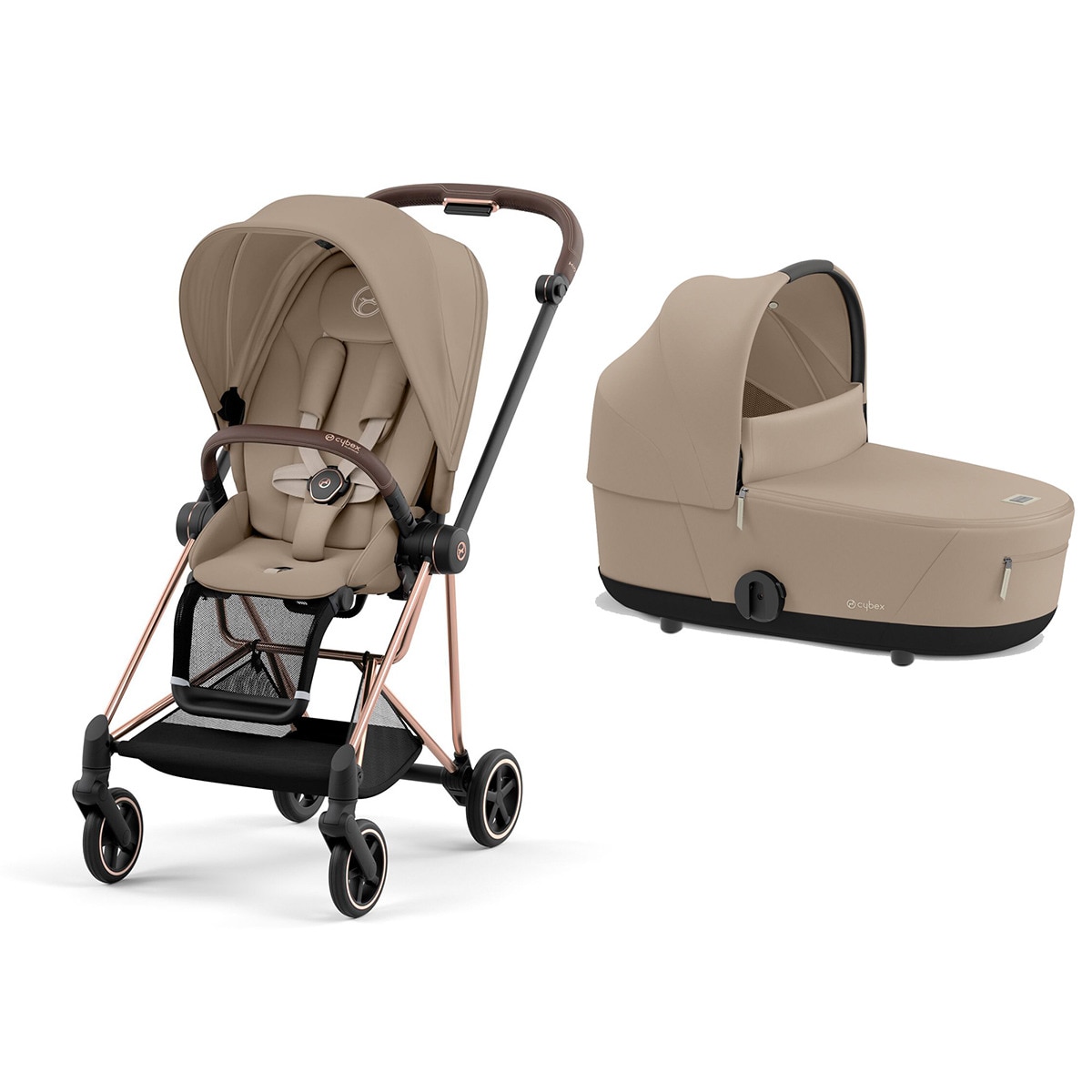 Carro de bebé dúo Cybex MIOS con Chasis Rosegold, Seat Pack y Capazo Lux en Cozy Beige. Beige-1