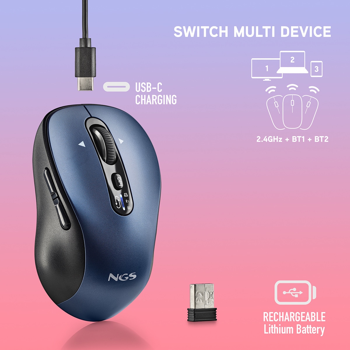 Ratón inalámbrico recargable NGS Infinity-RB multidispositivo Negro / Azul-3
