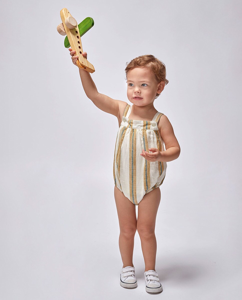 Vestido às Riscas com Gola com Folho Caqui-1