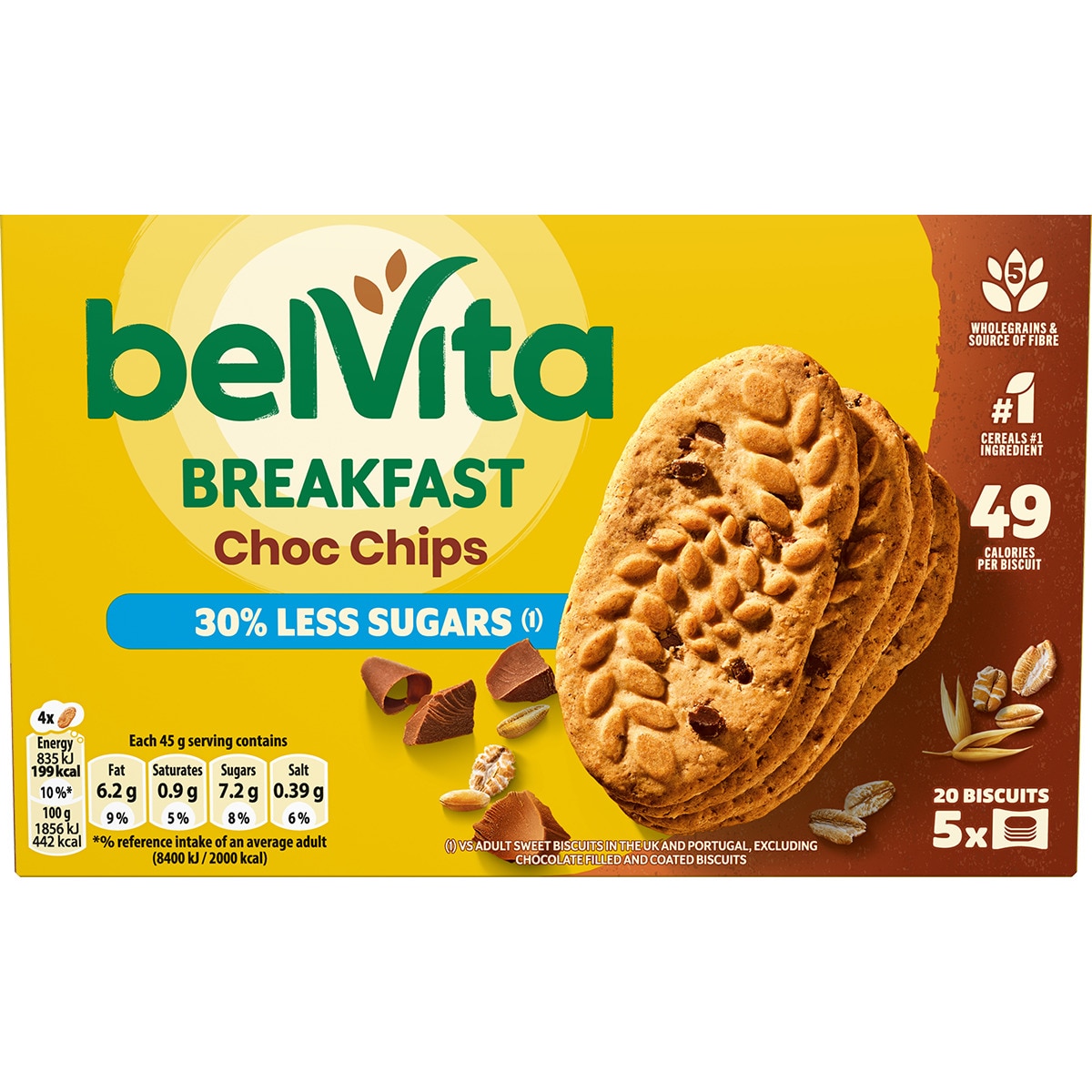 Bolachas de Chocolate com Pepitas de Chocolate e Menos 30% de Açúcar Pack 5 unidades embalagem 225 g