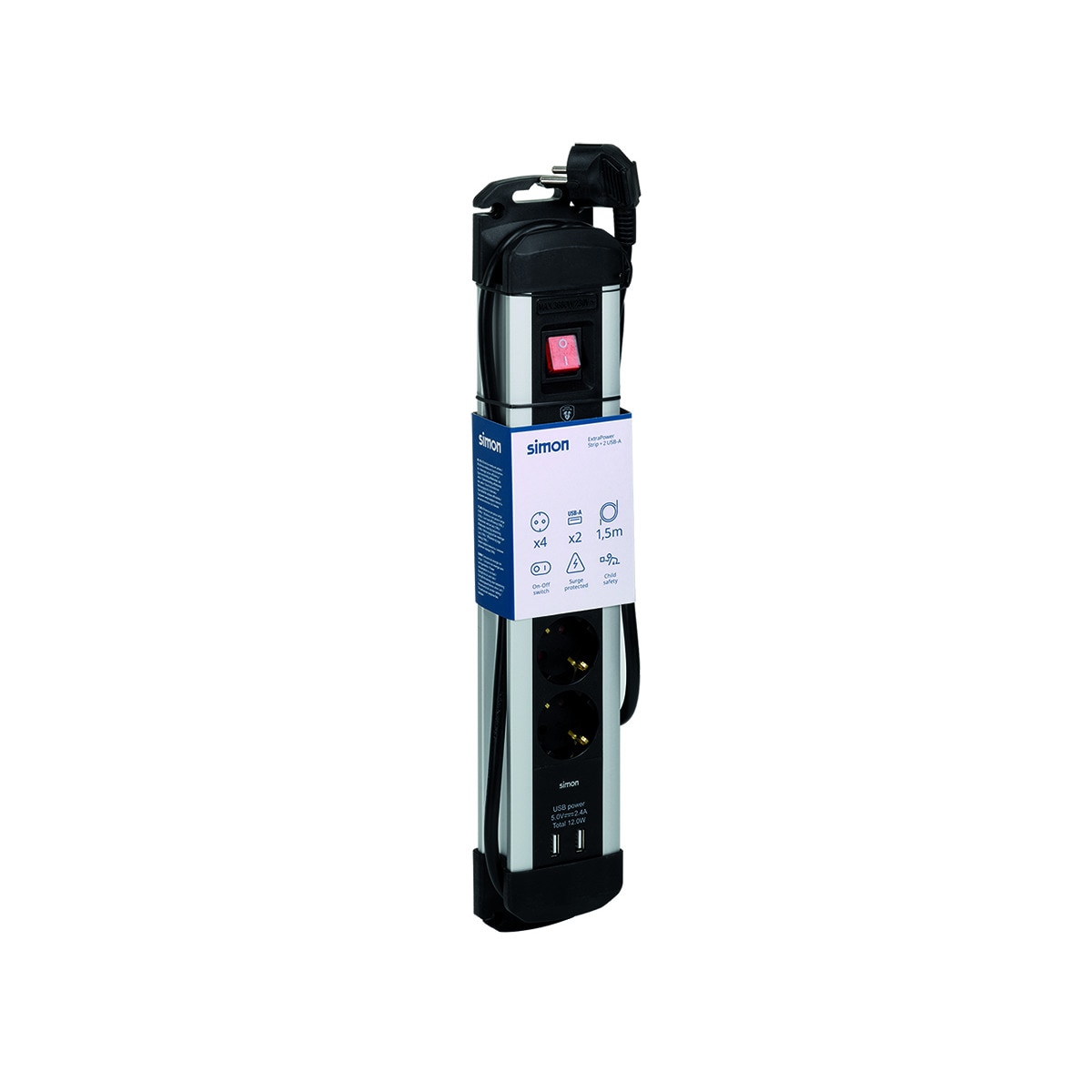 Base múltiple extrapower aluminio 2 USB A 2m cable con protección sobretensiones Simon Acero / Negro-10