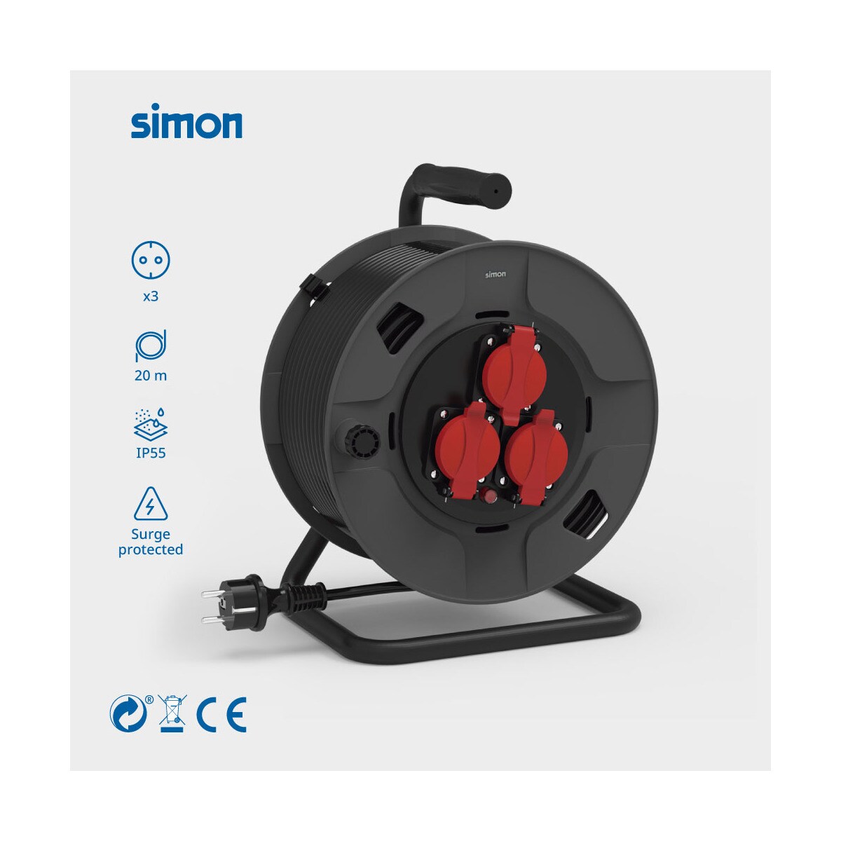 Extensible profesional enrolla-cables IP55 3 tomas 20m Simon · SIMON ...