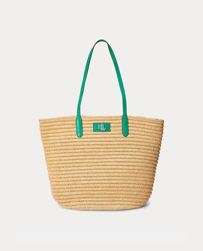 Imagen 0 de Capazo de rafia Brie en natural con asas y logo en verde