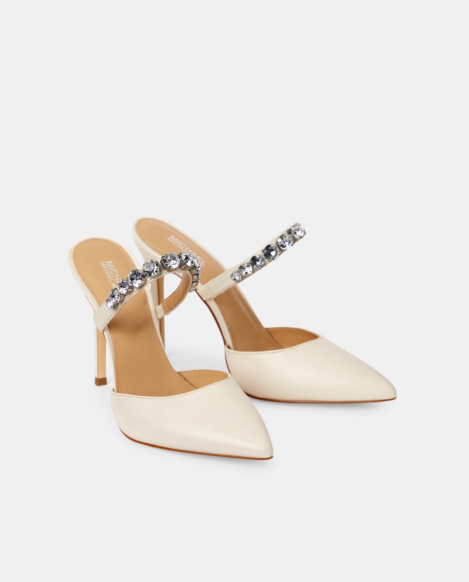 Mules Jessa com Tira com Pedraria, Salto de Agulha e em Pele Branco-2