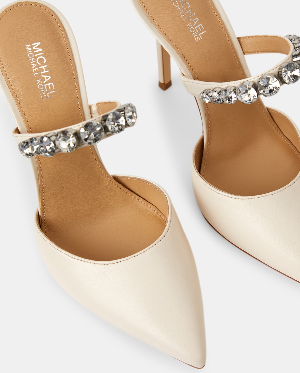 Mules Jessa com Tira com Pedraria, Salto de Agulha e em Pele Branco-5