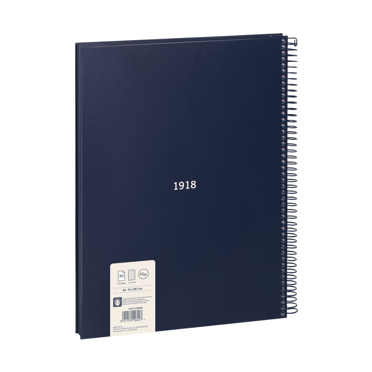 Libreta con espiral, papel cuadriculado, 80 hojas A4, serie 1918, MILAN, azul Azul-4