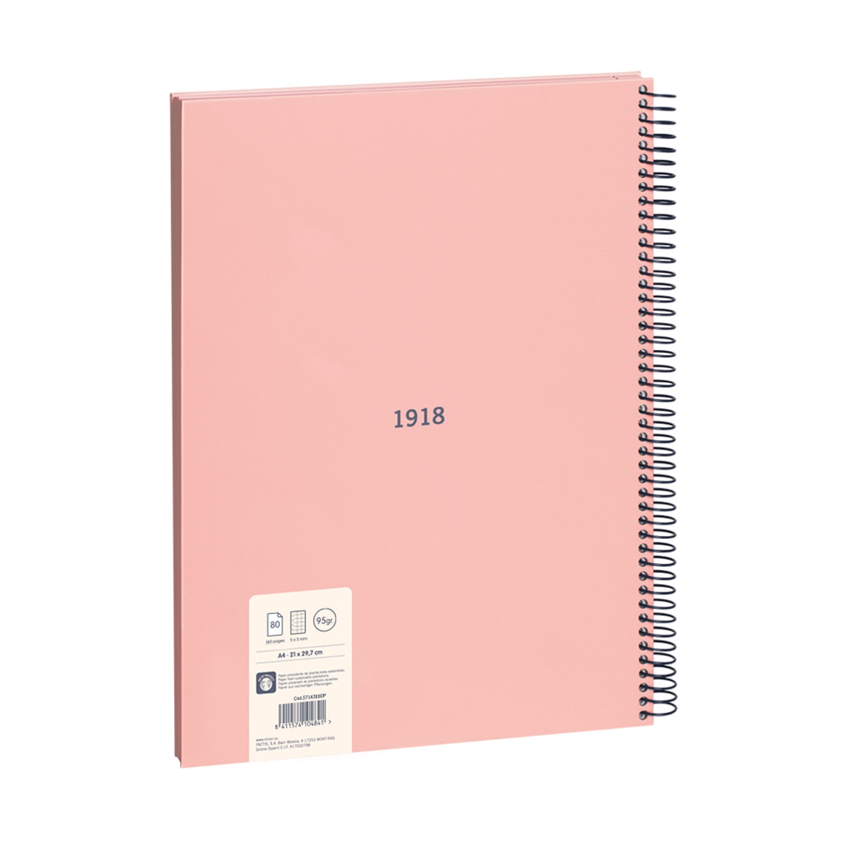 Libreta con espiral, papel cuadriculado, 80 hojas A4, serie 1918, MILAN, rosa Rosa-4