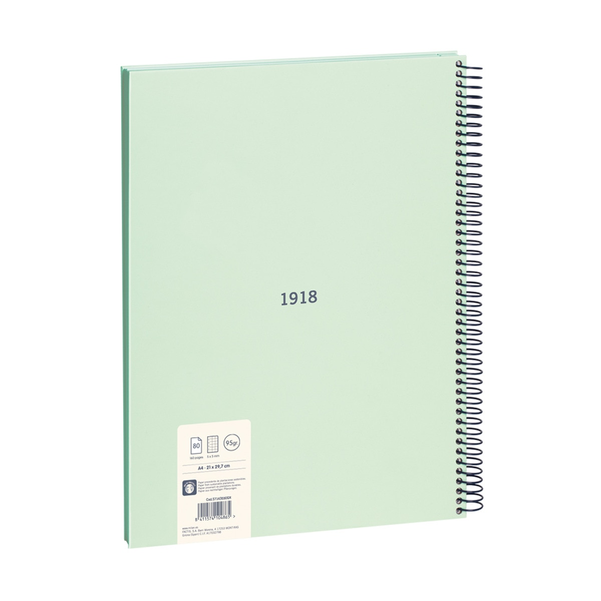 Libreta con espiral, papel cuadriculado, 80 hojas A4, serie 1918, MILAN, verde Verde-4