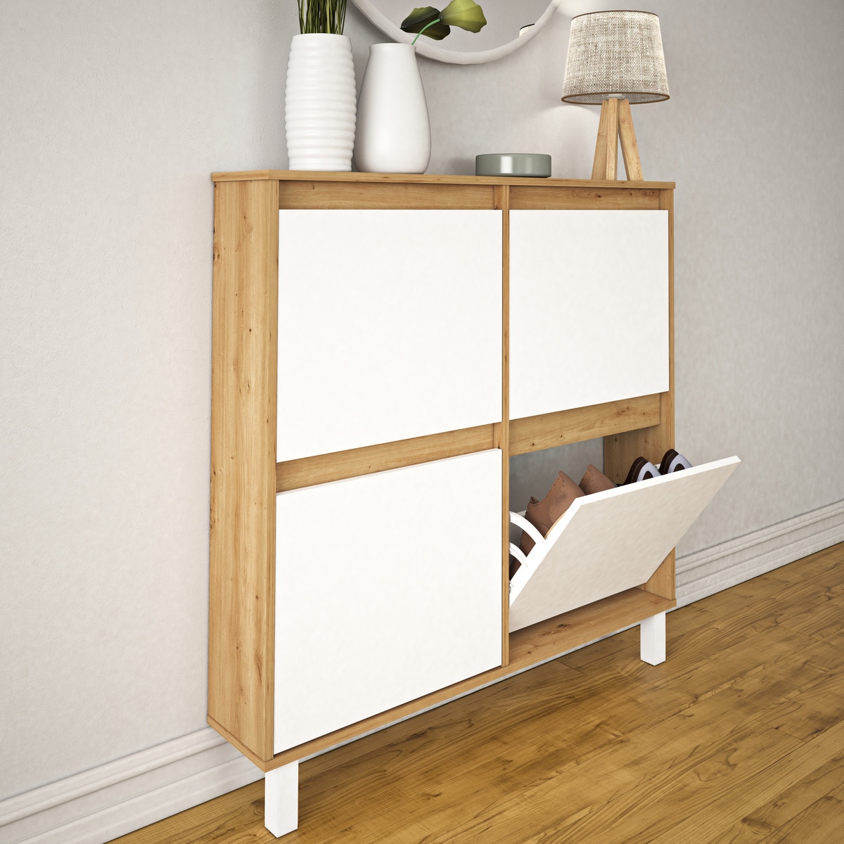 Sapateira de Melamina com Fundo Reduzido 4 Compartimentos - 8 Pares Madeira/Branco-9