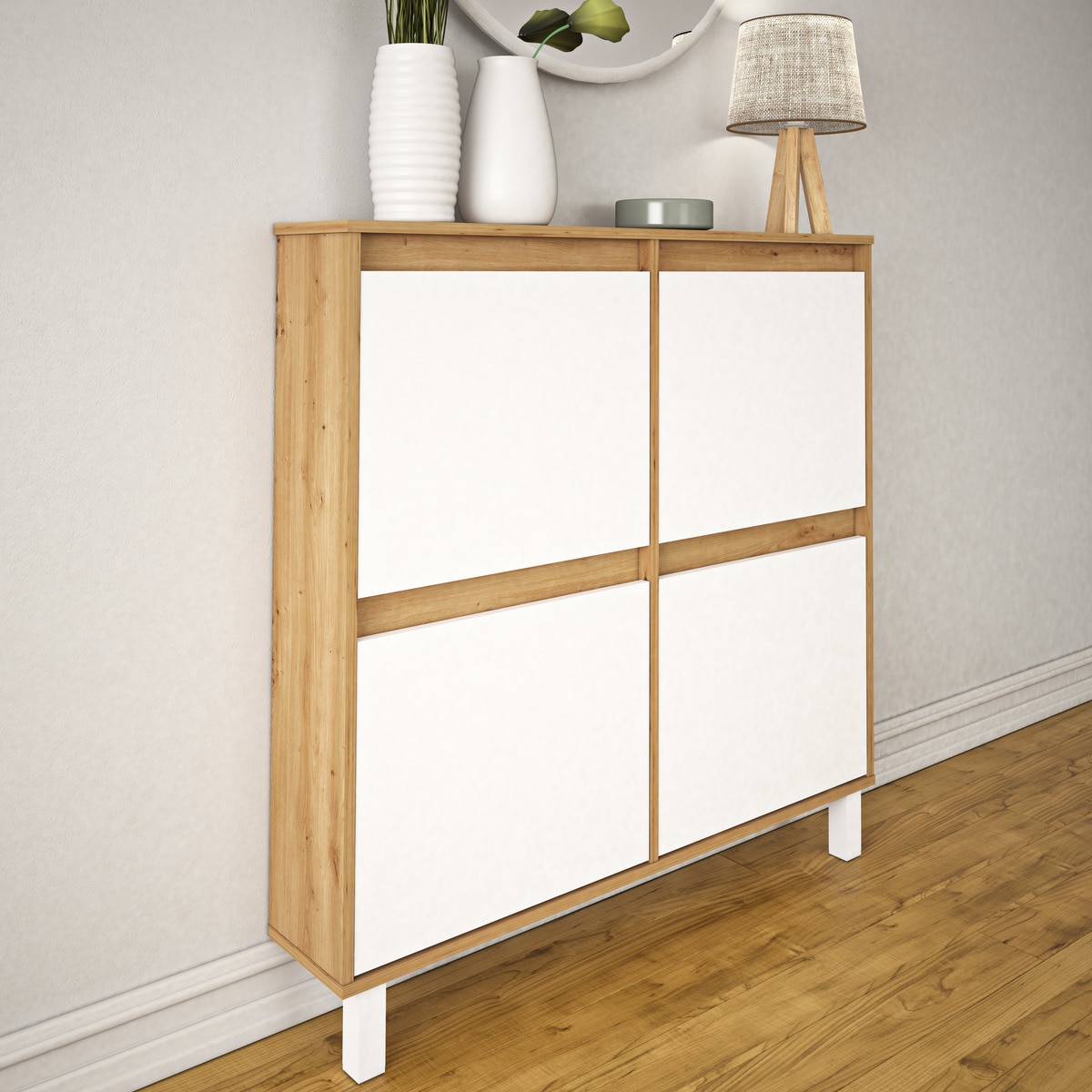 Sapateira de Melamina com Fundo Reduzido 4 Compartimentos - 8 Pares Madeira/Branco-8