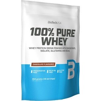 Pure Whey 100% bebida proteíca en polvo con sabor a chocolate sin gluten envase 454 g y sin azúcares añadidos - Biotech Usa