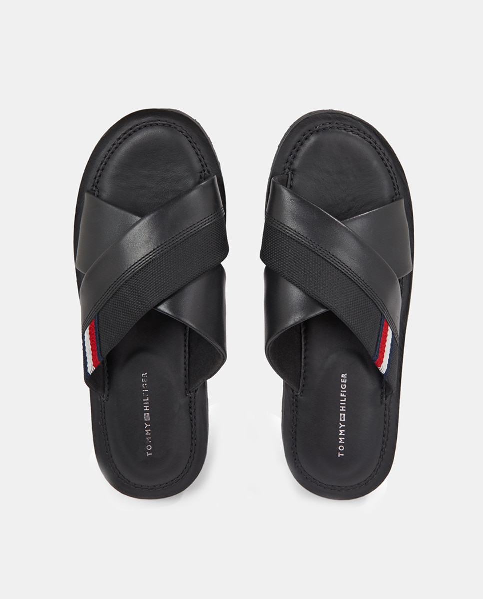 Sandalias hombre en piel con tiras cruzadas 40 Negro