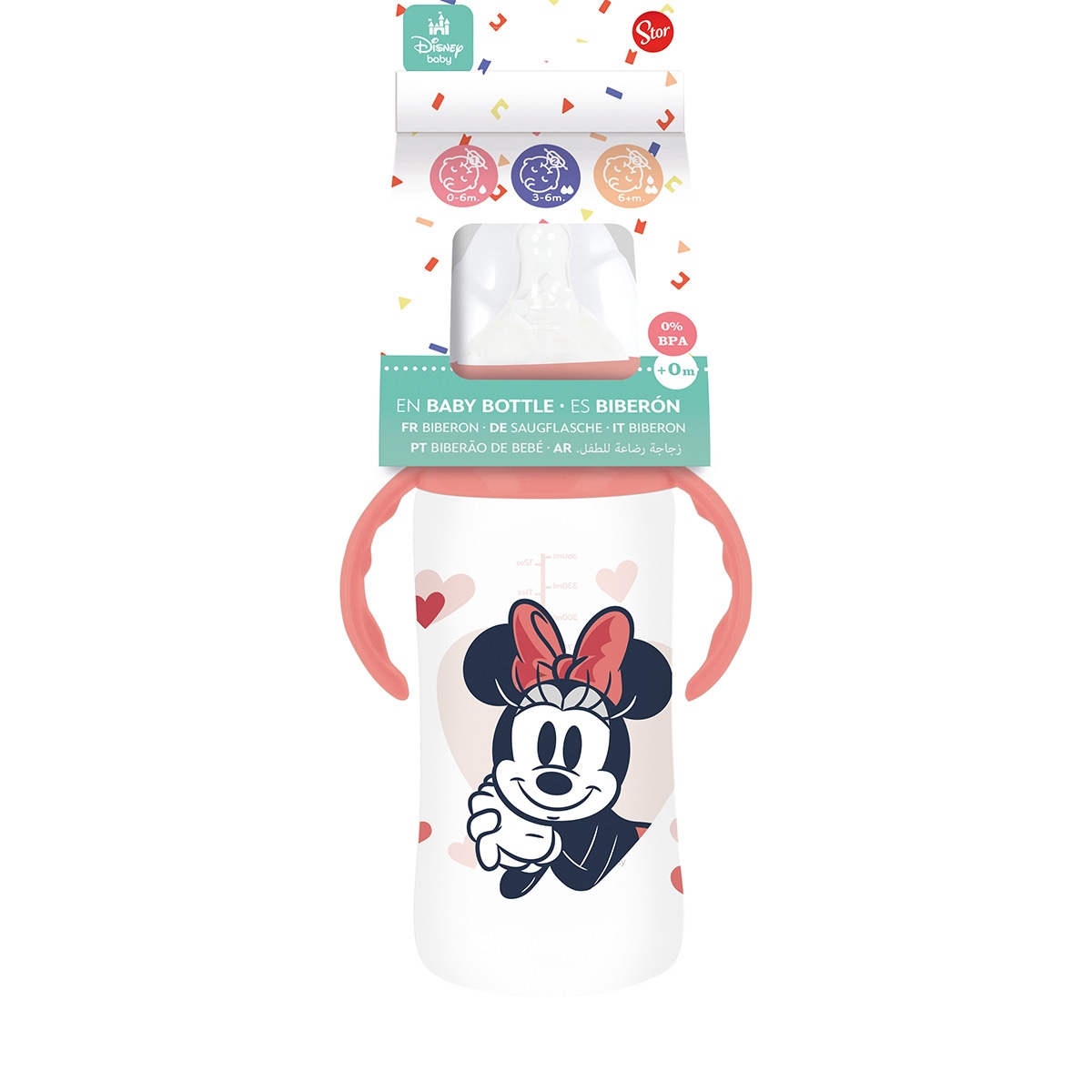 Stor biberon cuello ancho 360 ml tetina silicona 3 posiciones con asas minnie mouse heart full Rosa-2