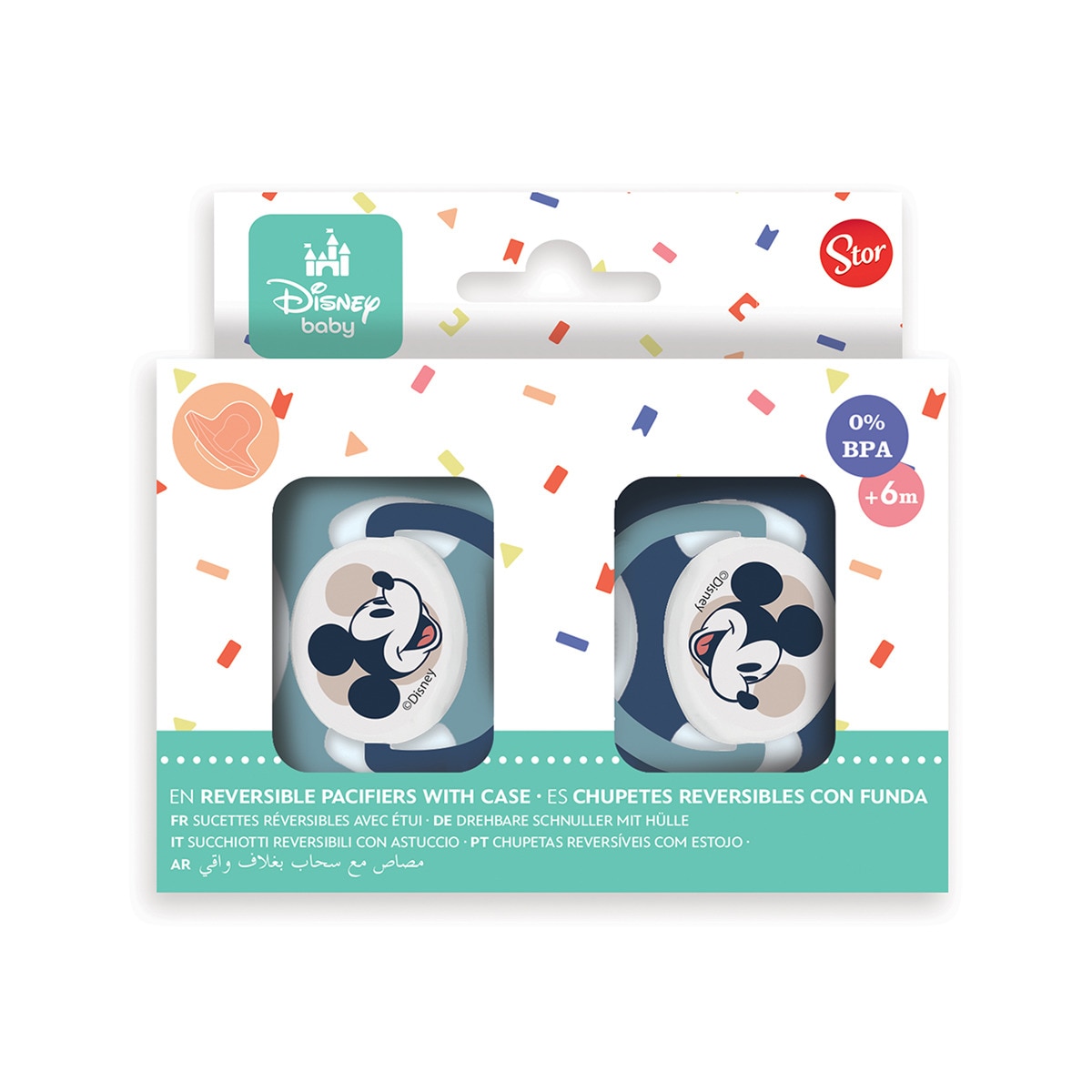 Imagen 0 de Stor set 2 chupetes tetina reversible silicona +6 m con funda mickey mouse full of smiles