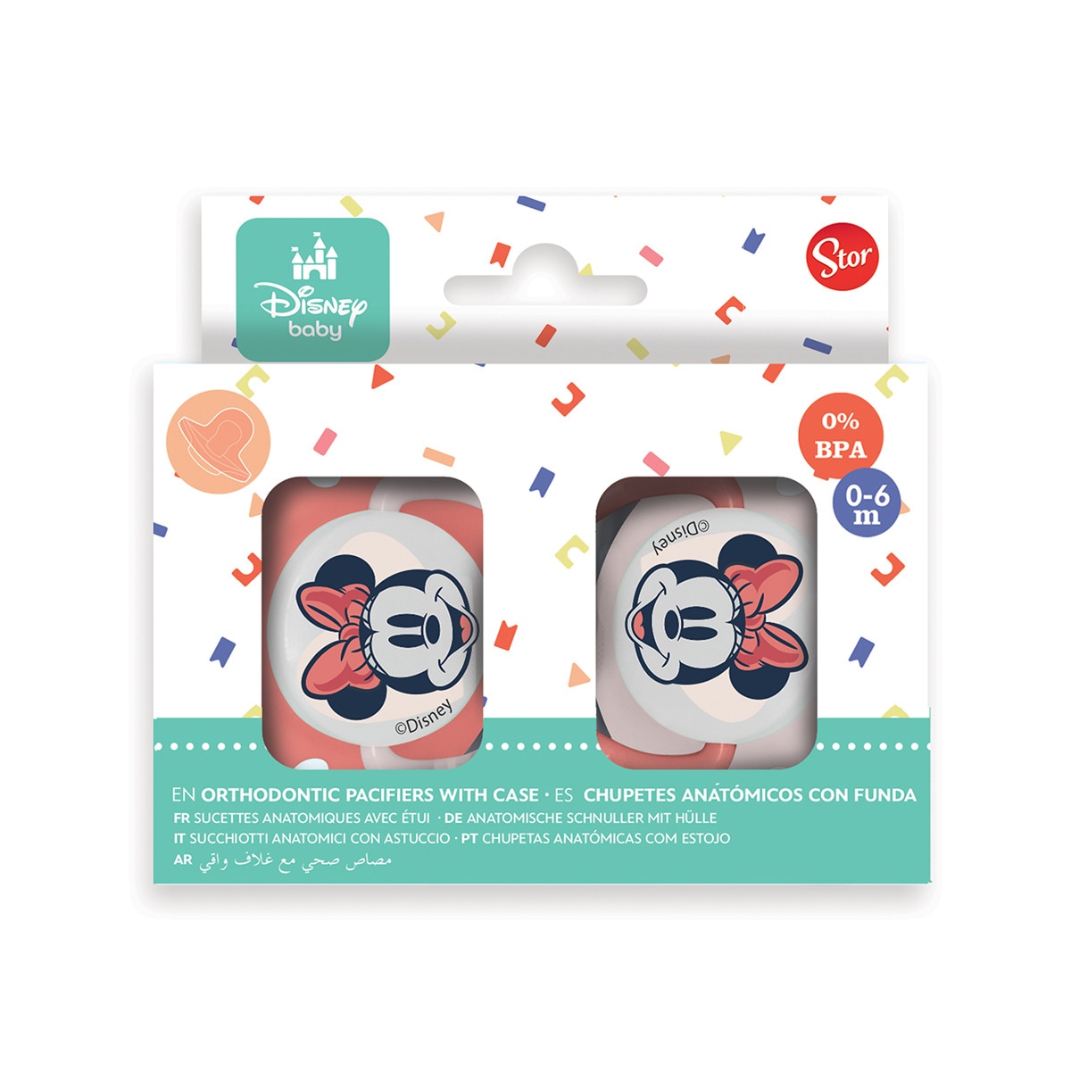 Imagen 0 de Stor set 2 chupetes tetina anatomica silicona 0 a 6 m con funda minnie mouse heart full