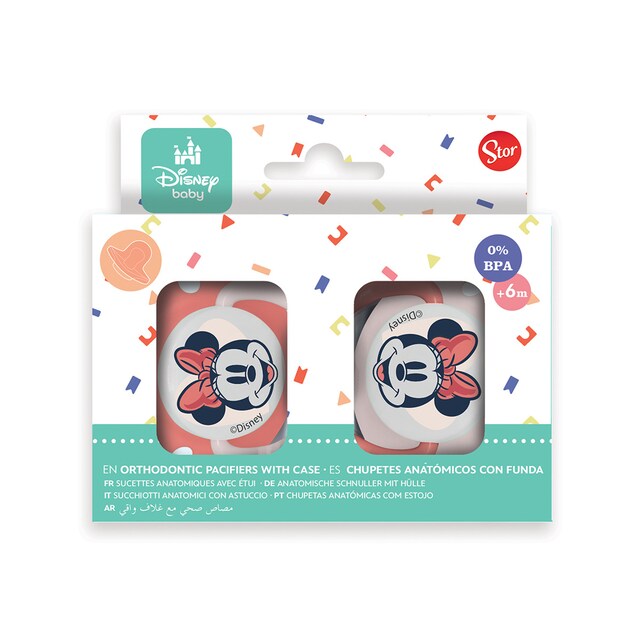 Imagen 0 de Stor set 2 chupetes tetina anatomica silicona +6 m con funda minnie mouse heart full