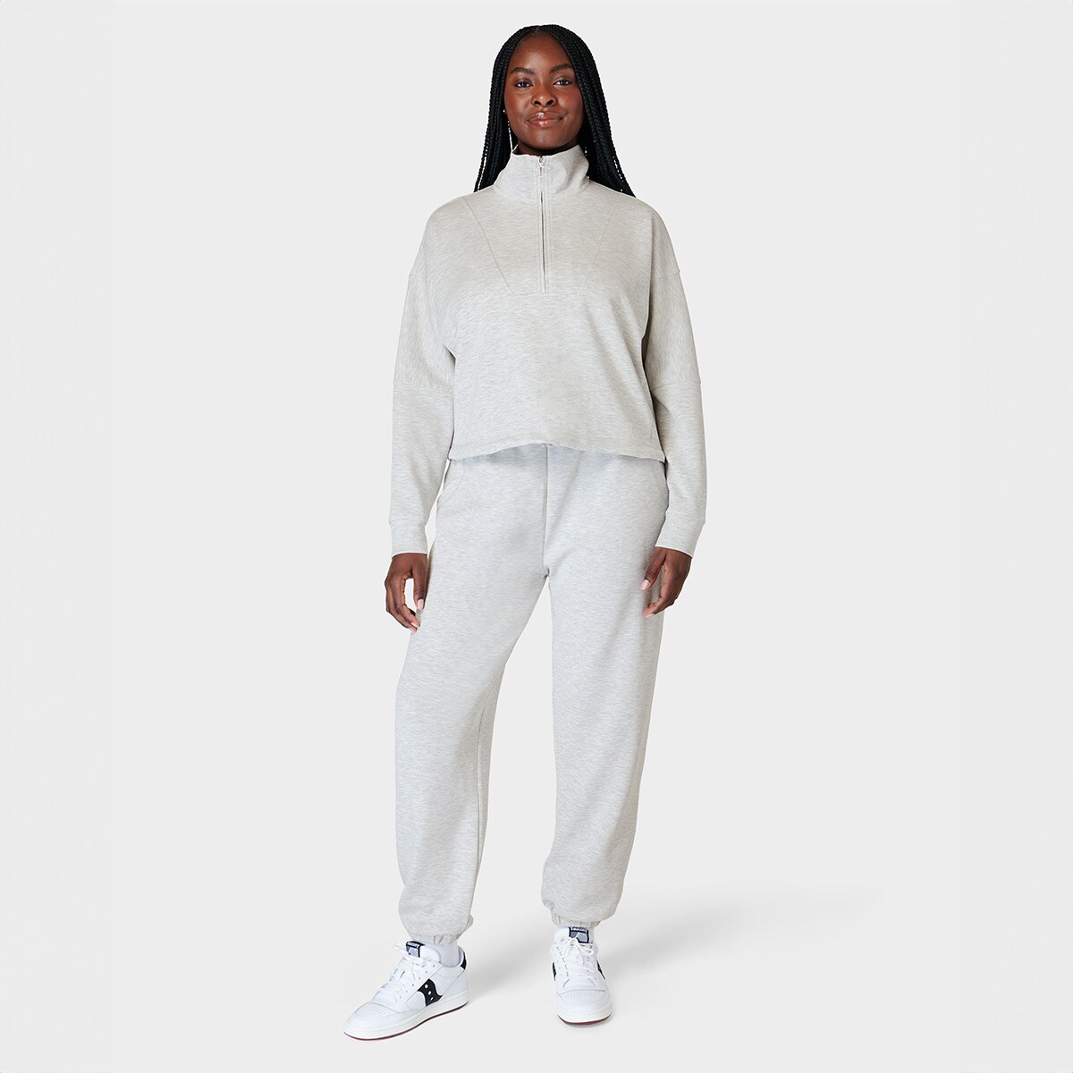 Sweatshirt de Mulher Sand Wash Funnel Neck Half Zip Cinzento-5
