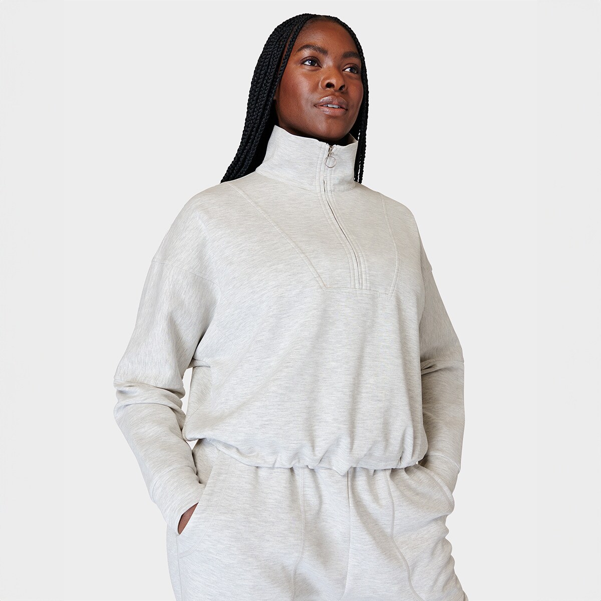 Sweatshirt de Mulher Sand Wash Funnel Neck Half Zip Cinzento-6