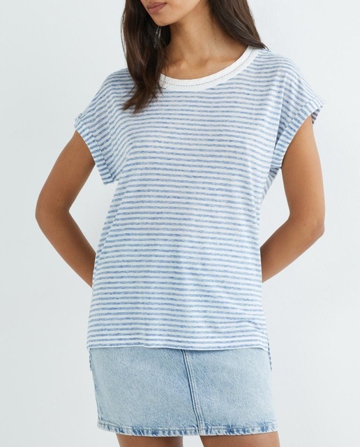 Imagen 0 de Camiseta de mujer con lino y estampado rayas