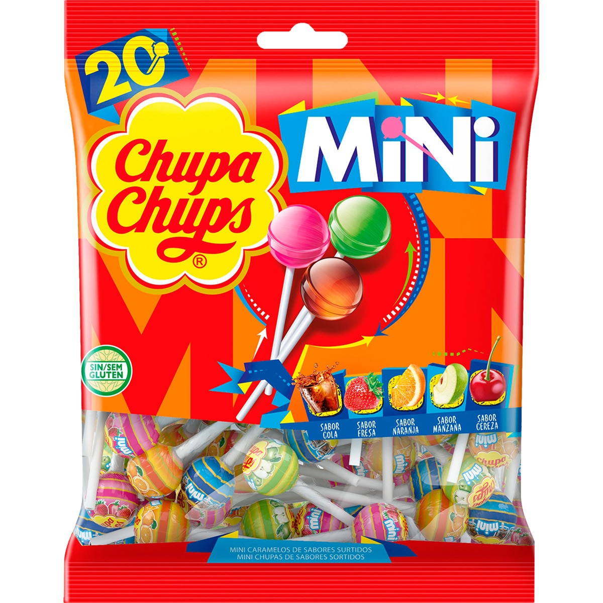 Mini caramelo con palo de sabores variados sin gluten bolsa 20 unidades