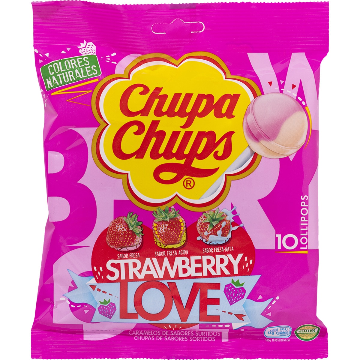 Love caramelos con palo de sabores de fresa sin gluten bolsa 10 unidades