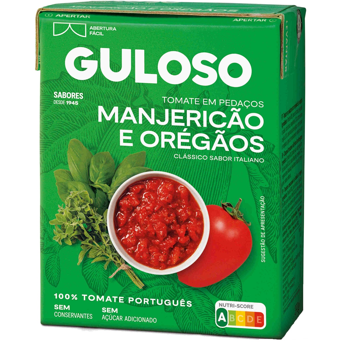 Tomate em Pedaços com Manjericão e Oregãos embalagem 390 g