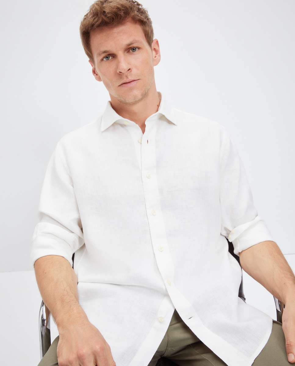 Camisa Casual 100% Linho com Manga Comprida Branco-1