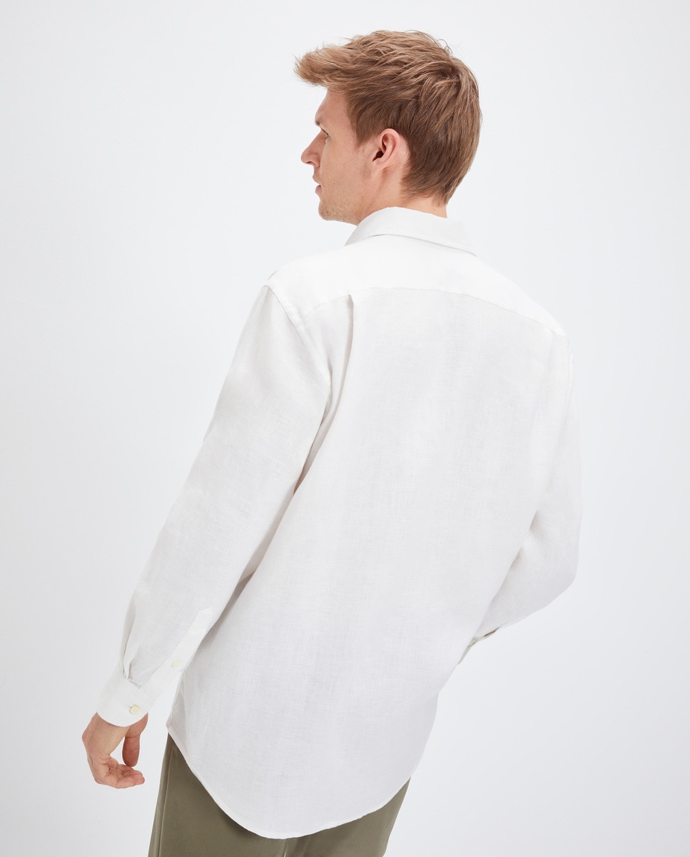 Camisa Casual 100% Linho com Manga Comprida Branco-3