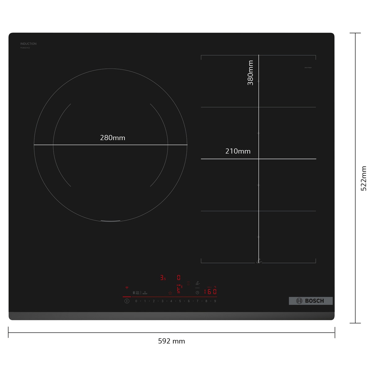 Placa de inducción Bosch con 3 zonas de cocción, sin perfiles - PXJ631HC2E Negro-2