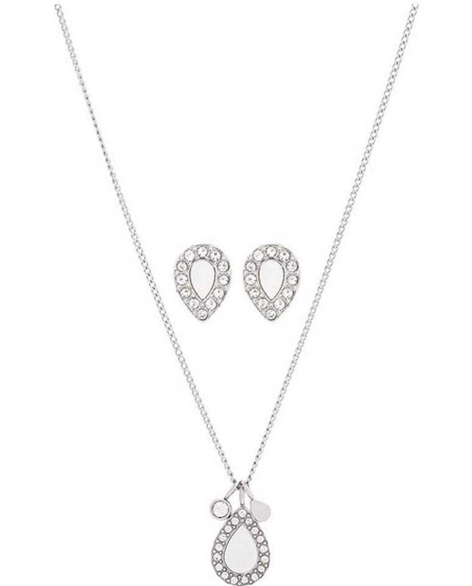 Conjunto de Colar e Brincos Clássicos de Aço e Madrepérola Branco-1