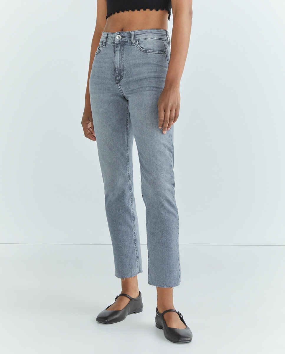 Jeans Regular com Cintura Subida Cinzento-claro-2