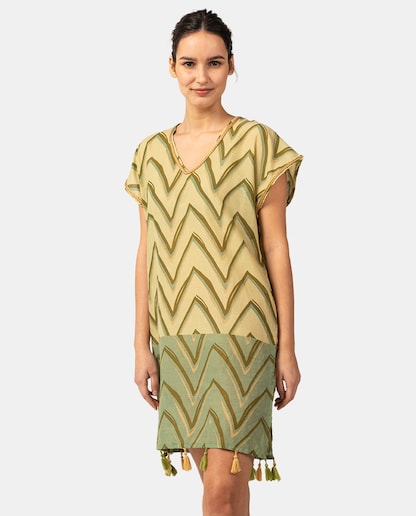 Imagen 0 de Caftán de mujer de algodón con print geométrico en verde