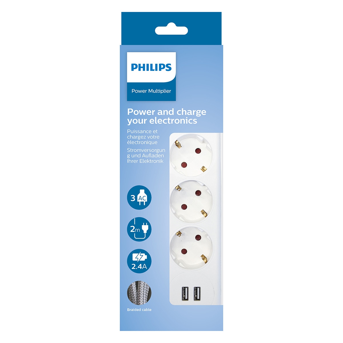 Regleta Philips SPN3032WA, 3 enchufes y 2 USB Blanco-4