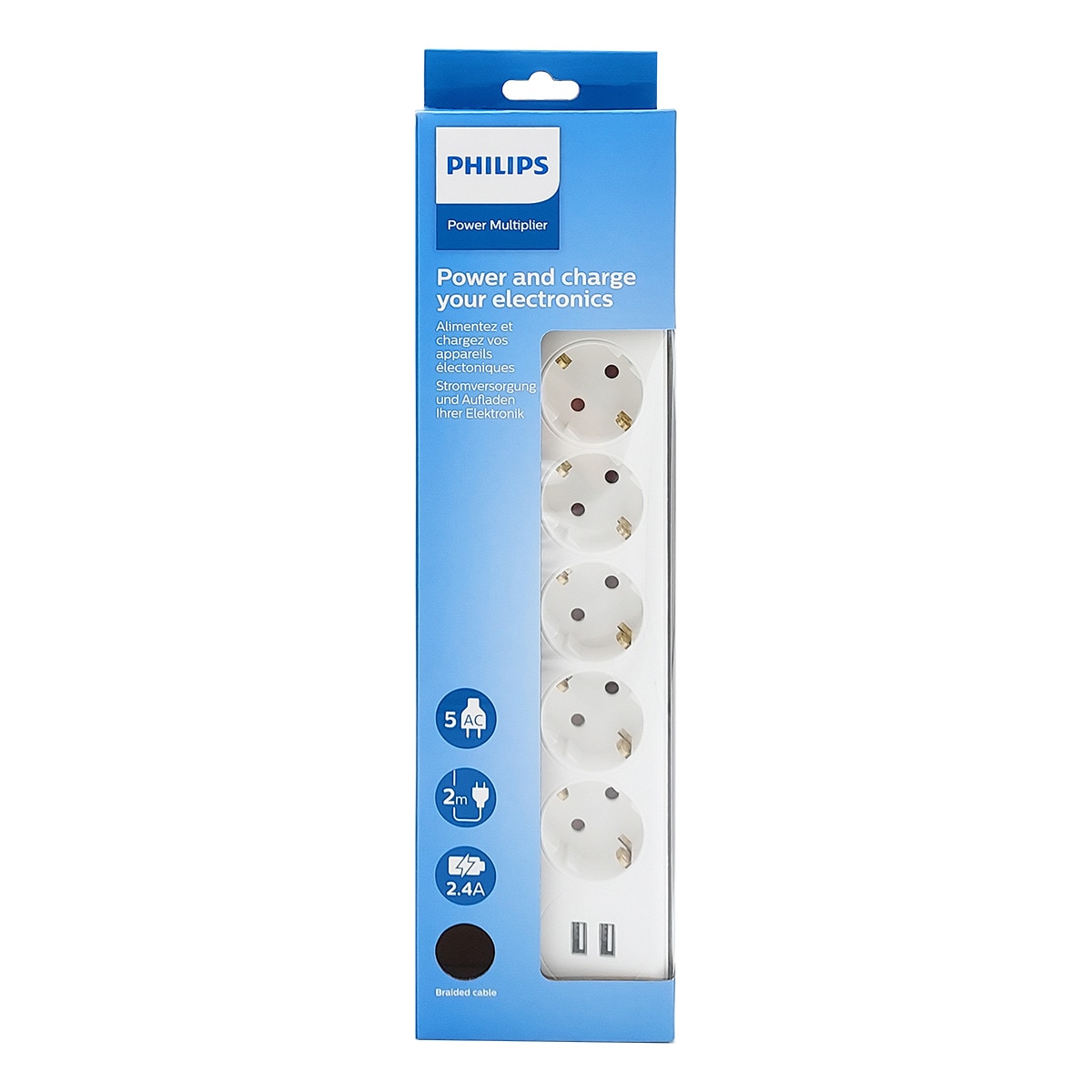 Regleta Philips SPN3052WA, 5 enchufes y 2 USB Blanco-3